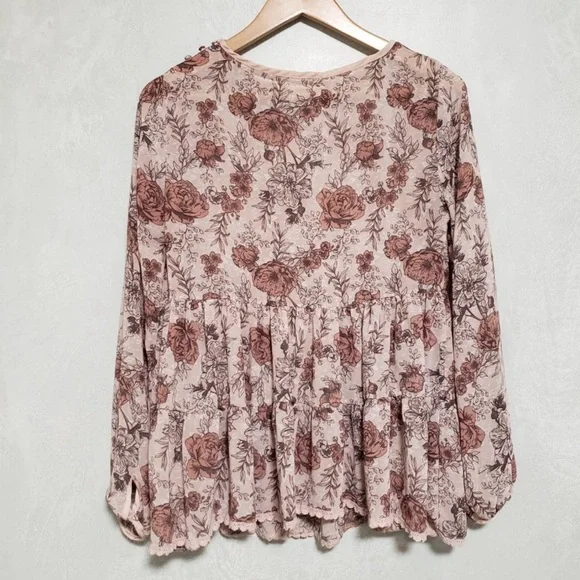Altar’d State blouse light pink floral baby doll tiered peplum long slee… - Picture 2 of 8